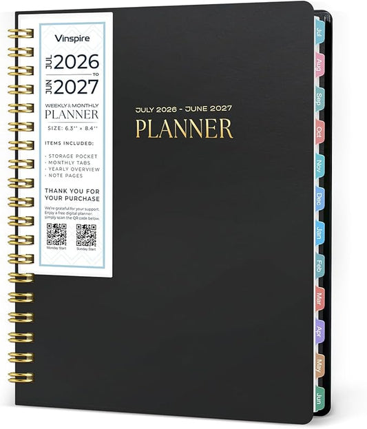 Vinspire 2026 Planner - Yearly, Monthly, and Weekly Planner 2026-2027 for Teachers & Students - Spiral US Academic Year Student Calendar Planners with Notes Pages 2026 Planner Weekly and Monthly - Small (Black, 6.3“×8.4”)