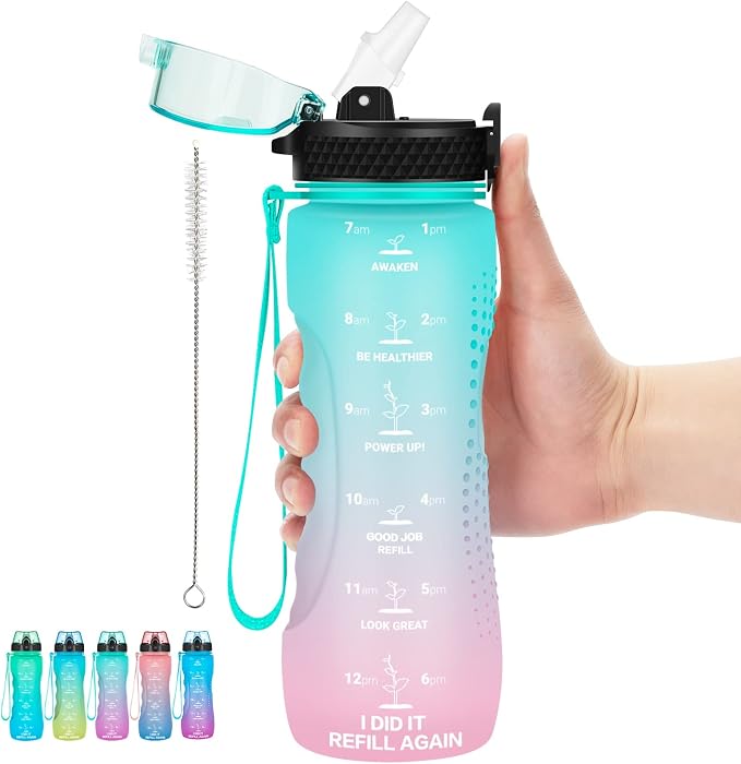 24 OZ Motivational Kids Water Bottle With Time Marker,Leak Proof,Straw Lid, Tritan BPA Free Sports Water Bottle Light green pink(1 Lid)