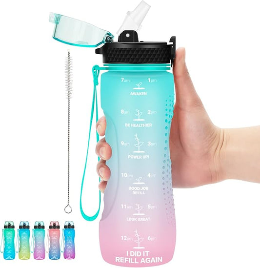24 OZ Motivational Kids Water Bottle With Time Marker,Leak Proof,Straw Lid, Tritan BPA Free Sports Water Bottle Light green pink(1 Lid)