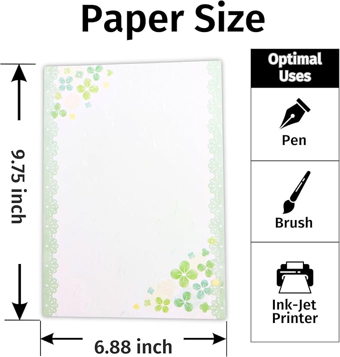 Iyo Washi Printable Stationery Paper 15 Sheets (9.7 x 6.9 inch) Made in Japan, Green Leaf Stationery Paper Japanese Paper, Inkjet Printer, for St. Patrick's Day Letter Writing, Greeting Card