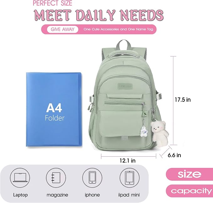 PRLINJSK Girls Backpack for College High Middle School Student, Cute Aesthetic Bookbag for Teens Women with Accessories,Green