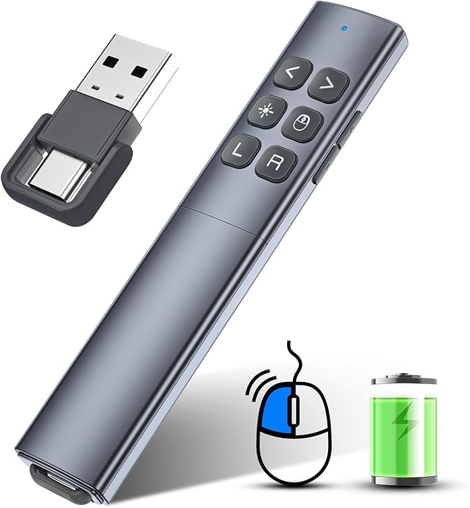 Presentation Clicker with Air Mouse - USB C Wireless Presenter Remote Clicker with Light Clicker, RF 2.4GHz PowerPoint Clicker for Presentation, Computer Clicker Slide Advancer for Mac,Laptop
