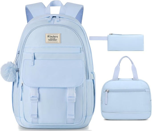 WINDARS School Backpack with Lunch Box for Teen Girls, Cute College Backpacks for Women Students Aesthetic Bookbag Large 15.6 Inch Laptop Bag Middle School Travel Back Pack (Blue-3 Pcs)