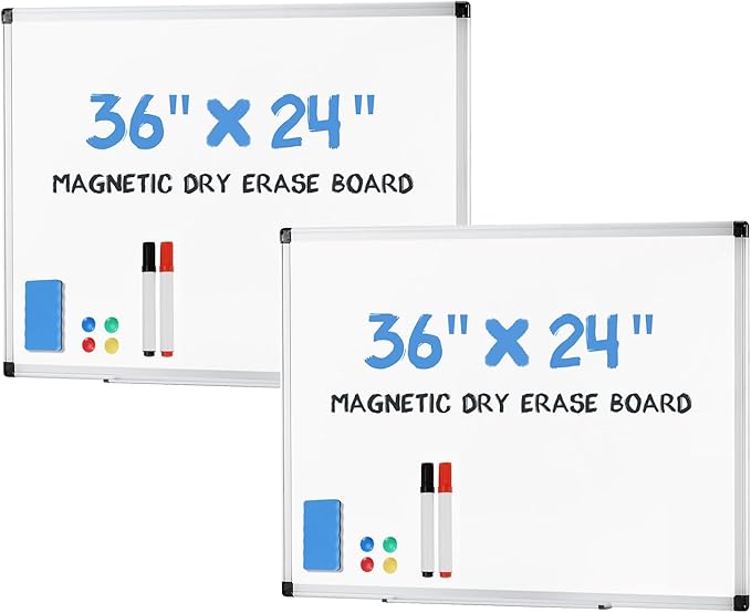 DUMOS Magnetic White Board Kit Set of 2, 36" x 24" Dry Erase Board with 1 Dry Eraser & 2 Multicolor Markers & 4 Magnetic Pins, Silver Reinforced Aluminum Frame for Home, School, Office