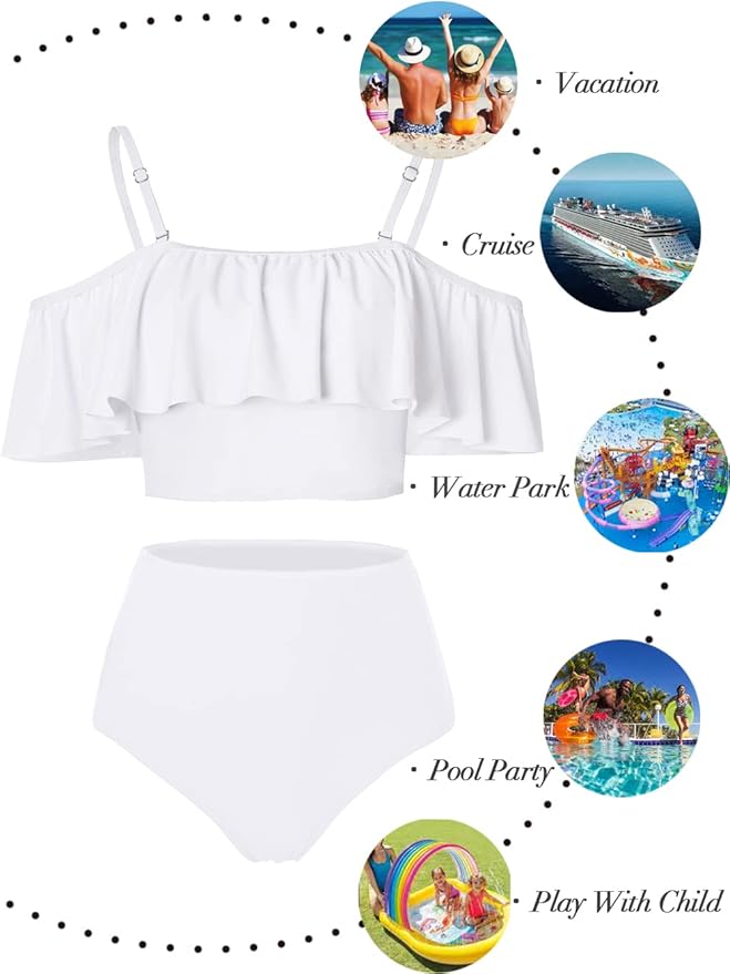 Kaei&Shi High Waisted Flounce Bikini Set,Tummy Control Swimsuits for Women,Off Shoulder
