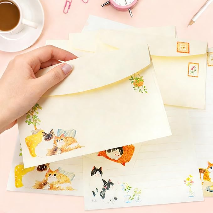 37 Pcs Stationery Paper Envelopes Set Includes 24 Lined Writing Paper & 12 Envelopes with 48 Colorful Round Dot Stickers, Cute Cat Letter Writing Stationery Paper Envelopes Gift (4Style)