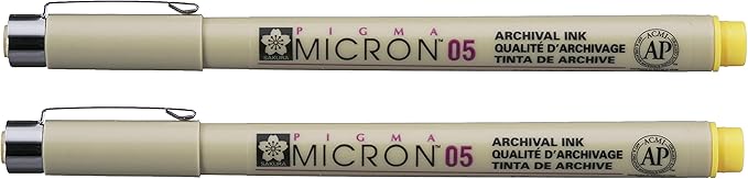 SAKURA PIGMA MICRON 05 FINELINER PEN, 0.45MM LINE WIDTH, PACK OF 2 (Yellow)
