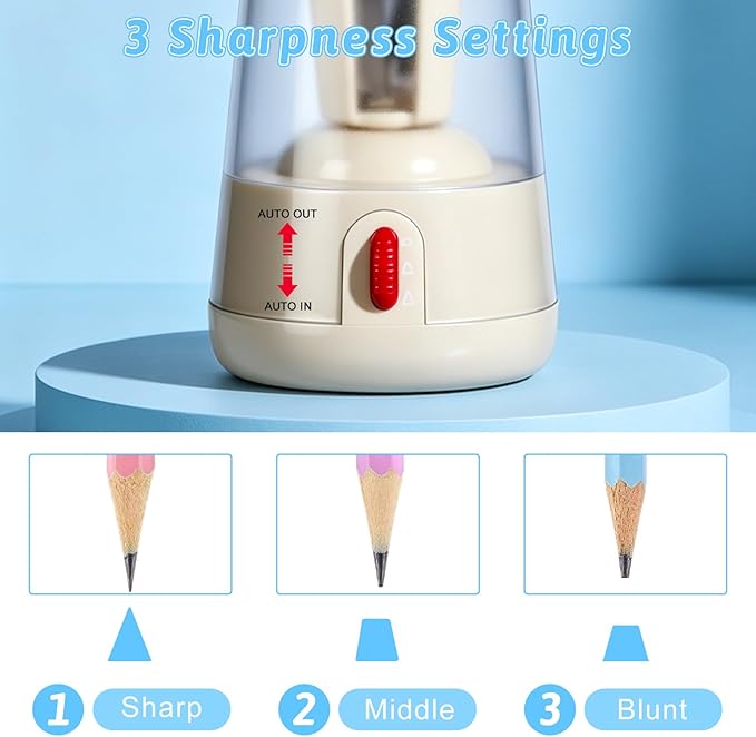 Rechargeable Electric Pencil Sharpener, 6-12mm Auto in & Out Fully Automatic Pencil Sharpener for Kids, Large Capacity Battery Powered, with Cartoon Stickers Ideal for Classroom & Home (Blue-White)