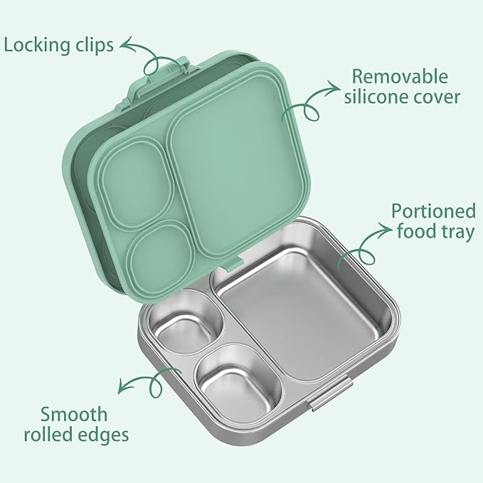 LOHASOK Stainless Steel Lunch Box: Metal Bento Box for Kids Adults - Leak-Proof 3 Compartments,Green
