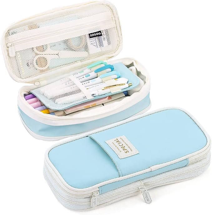 MAMUNU Expandable Pencil case with compartments, Large Capacity Pencil Cases Pencil Bag Pouch Office School, Portable Pencil Case Large School Stationery Organizer, Makeup Cosmetic Bag, Blue