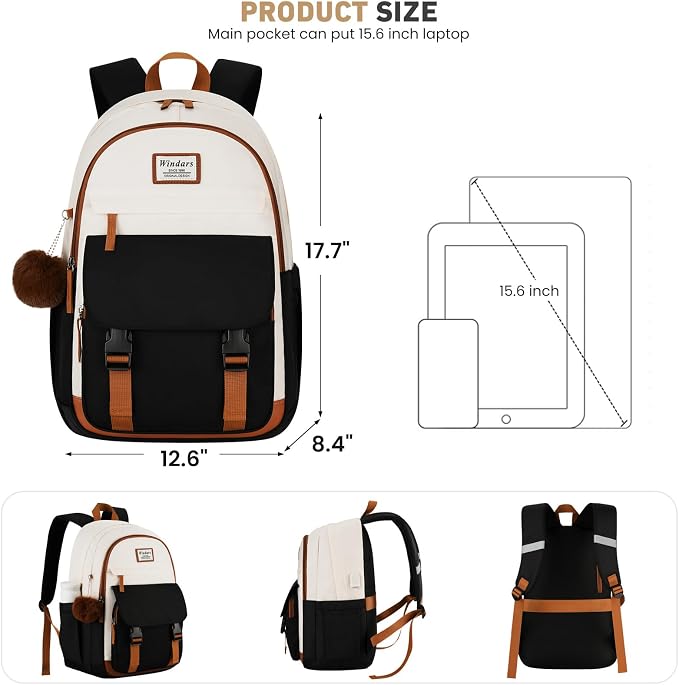 WINDARS School Backpack for Teen Girls, Cute College Backpacks for Women Students Aesthetic Bookbag Large 15.6 Inch Laptop Bag Middle School Travel Back Pack (Beige-Black-Brown)