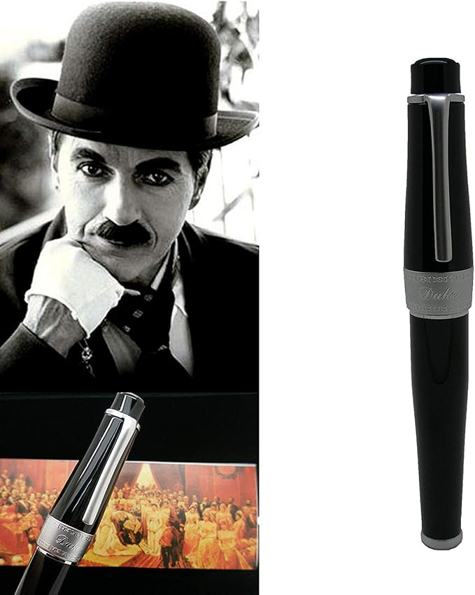 Asvine Duke Charlie Chaplin Fountain Pen Fine Nib, Unique Design Collection Black Heavy Pen with Pouch