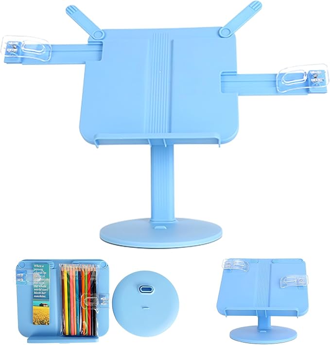 Kids Book Stand, Adjustable Reading Holder with Thick Base, Foldable Reading Stand with Page Clips, for 8.5"×11" or Smaller, Gift for Children's Day, Blue