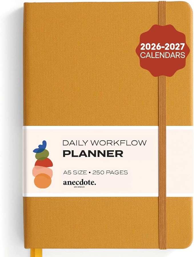 Anecdote Daily Planner w/ 2026-2027 Calendar | Start Anytime 26 Weeks Undated | 1 Page per Day | 8.5" x 5.2" | Hardcover To-Do List Organizer, Plan Your Success, Achieve Productivity Goals (Mustard)