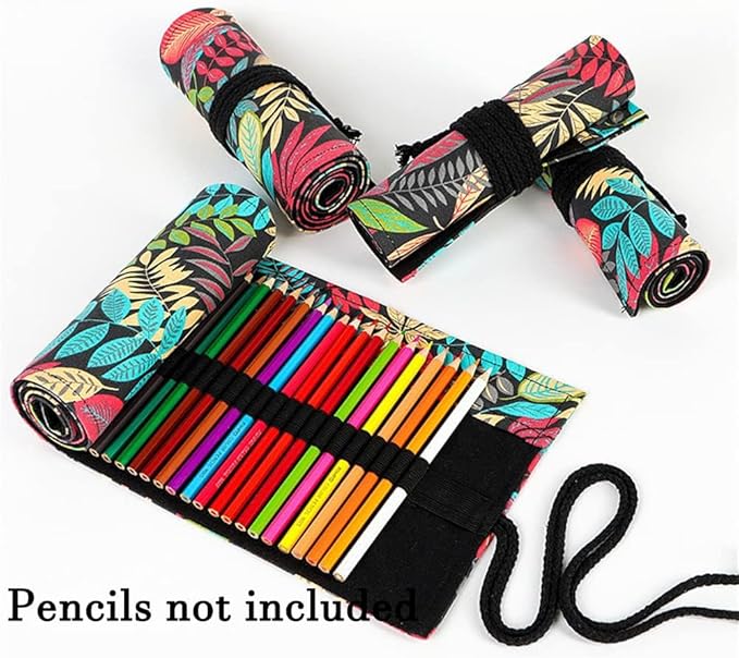 DIYOMR 24/36/72 Slots Pencil Wrap Pencil Rolls, Artist Colored Pencils Roll Up Bag Short Brushes Pouch Case Pencils Organizer for Drawing Coloring and Sketching (Colorful Leaves, 36slots)