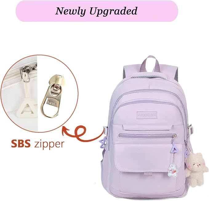 PRLINJSK Girls Backpack for College High Middle School Student, Cute Aesthetic Bookbag for Teens Women with Accessories，Purple