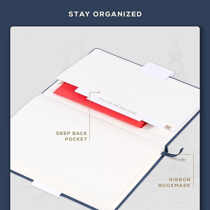 BEECHMORE BOOKS A5 Dotted Journal – 160gsm Thick Paper No-Bleed Bullet Notebook – Hardcover Dot Grid Logbook with Presentation Gift Box – Vegan Leather Sketchbook for Artists & Professionals
