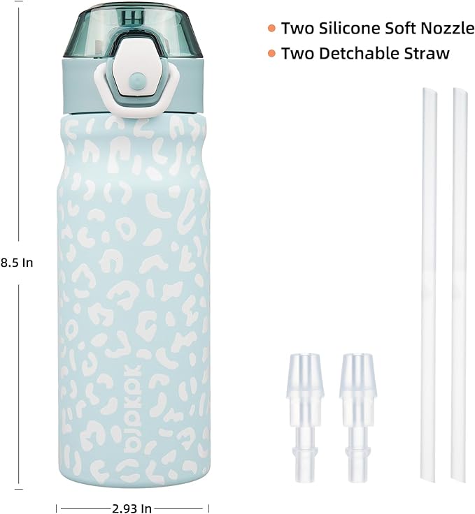 BJPKPK Insulated Water Bottle 18oz Stainless Steel Water Bottles with Straw and Carry Handle Double Wall Metal Thermal Flask,Light Blue Leopard