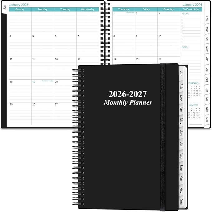 2026-2027 Monthly Planner - 18 Monthly Calendar, January 2026 - June 2027, Two Pages Per Month, 9" x11" Planner with Tabs, Strong Twin-Wire Binding, Inner Pocket, Black