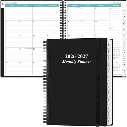 2026-2027 Monthly Planner - 18 Monthly Calendar, January 2026 - June 2027, Two Pages Per Month, 9" x11" Planner with Tabs, Strong Twin-Wire Binding, Inner Pocket, Black