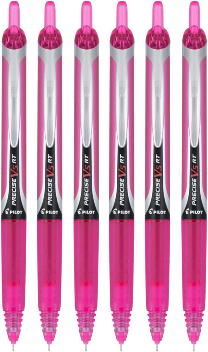 PILOT Precise V5 RT Refillable & Retractable Liquid Ink Rolling Ball Pens, Extra Fine Point (0.5mm), Pink Ink, 6-Pack