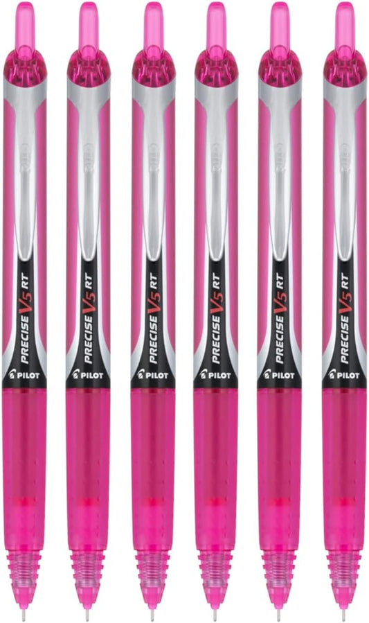 PILOT Precise V5 RT Refillable & Retractable Liquid Ink Rolling Ball Pens, Extra Fine Point (0.5mm), Pink Ink, 6-Pack