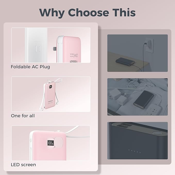 Portable Charger with Built in Cables,TESSAN 10000mAh Power Bank Fast Charging with Foldable Wall Plug Charger, PD20W Compact Battery Pack Travel Essentials for iPhone 17/16/15 Series,Samsung,Tablets