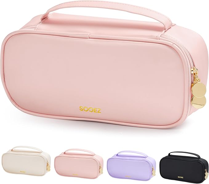 Sooez PU Pencil Case, High Capacity Pencil Bag, Aesthetic Pen Pouch with zipper, 3 Compartment Pen Bag Wide Opening, Portable Stationery Storage and Organizer, School Supplies for Teen, Pink