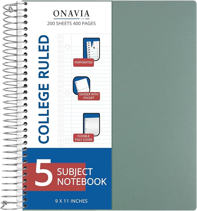 ONAVIA 5 Subject Spiral Notebook, 1 Pack, College Ruled, 9 x 11 in, 200 Sheets, Poly Cover, 3-Hole Punched with Dividers and Pockets for Classroom Study, Green
