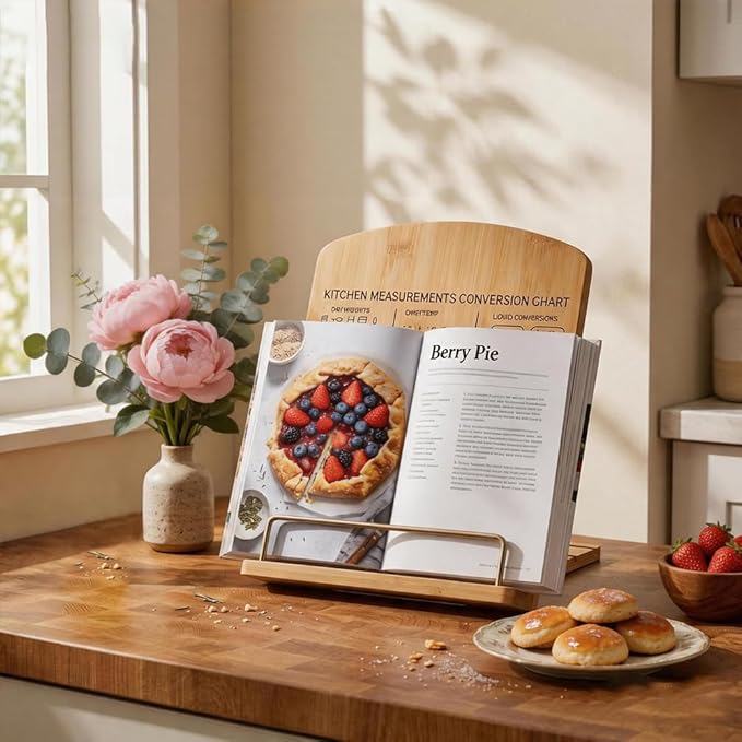 Adjustable Bamboo Cookbook Stand for Kitchen Counter – Multi-Functional Recipe Holder for Tablets, Cookbooks, Magazines & Textbooks – Perfect Kitchen Gift for Women (Plain)
