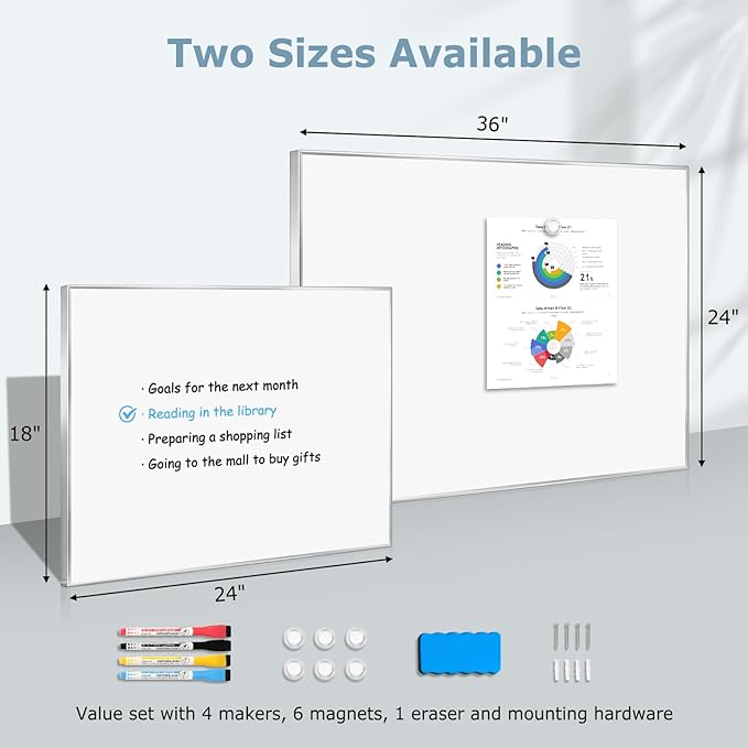 Whiteboard for Wall, 24" x 18" Magnetic White Board Dry Erase Board with Silver Aluminum Frame, Hanging Wipe Board for Office, Home, School, Kitchen, Dorm