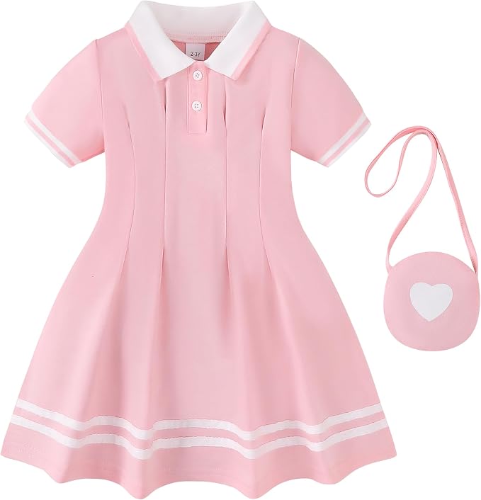 Renotemy Infant Baby Girl Dress Toddler Girls Summer Clothes School Outfits Cotton Short Sleeve Polo Dresses with Bag 12M-5T