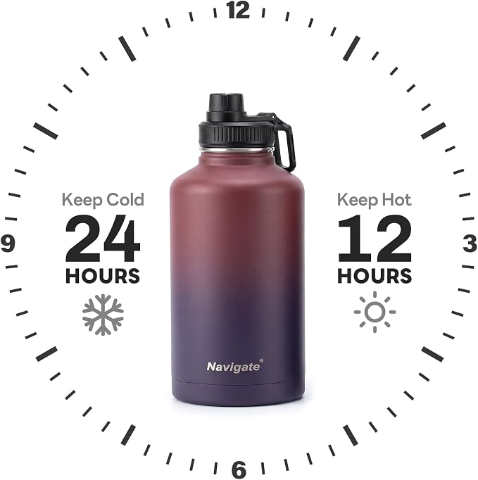 Navigate 64 oz Insulated Stainless Steel Sports Water Bottle with Spout & Handle Lids,Wide Mouth Water Jug with Double Walled Leak Proof Keep Cold for 24 Hrs Hot for 12 Hrs, Red to Black
