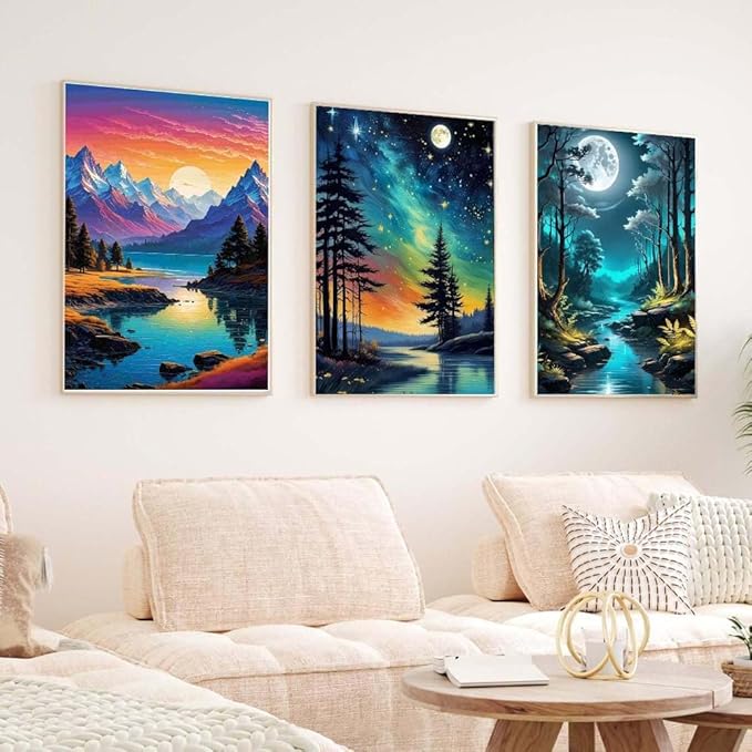 4 Pack Paint by Numbers for Adults with Framed Canvas - with Wooden Easel, Beach Paint by Number on Canvas, DIY Moon Landscape Acrylic Oil Painting Kits with Brushes for Home Wall Decor (8x12 inch)