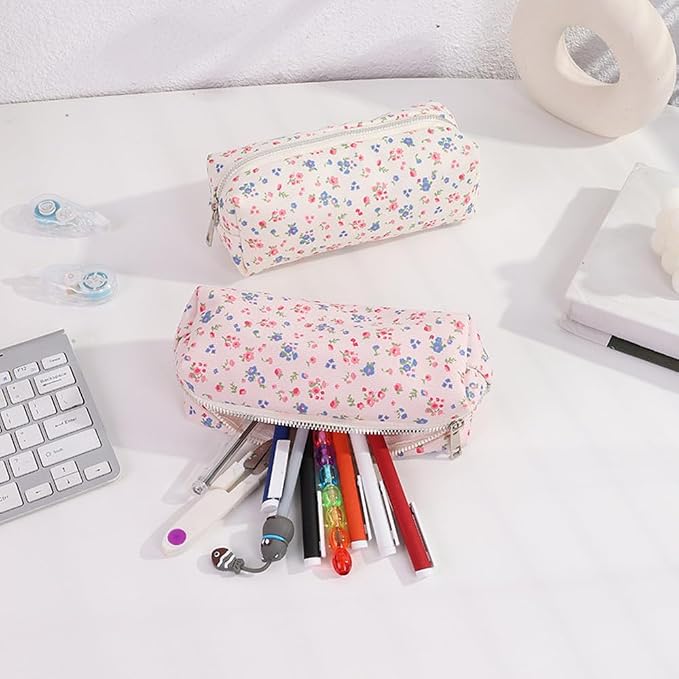 Corduroy Pencil Case for Girls Kids Large Capacity Aesthetic Pen Pouch Makeup Bag Cosmetic Organizer Cute Stationery Storage Bag for School Office Travel Minimalist Pencil Box (Floral-C)