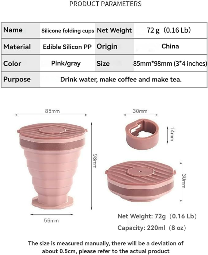 Portable Collapsible Coffee Cup Foldable Silicone Travel Mug with Lid & Carry Cord Leak-Resistant Heatproof & Easy to CleanIncludes 2 Cups (1 Gray + 1 Pink) (1 Grey+1 Pink)