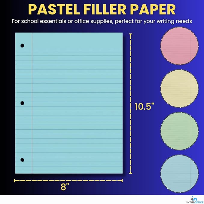 1InTheOffice Colored Notebook Paper, 8.5x11 Wide Ruled Lined Loose Leaf Paper, Pastel Colored, 100 Sheets
