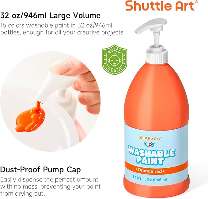 Shuttle Art 15 Colors Washable Paint for Kids, 32 oz Bulk Tempera Paint with Pump, Non-Toxic Kids Washable Paint for Art and Crafts, School & Home Must Haves