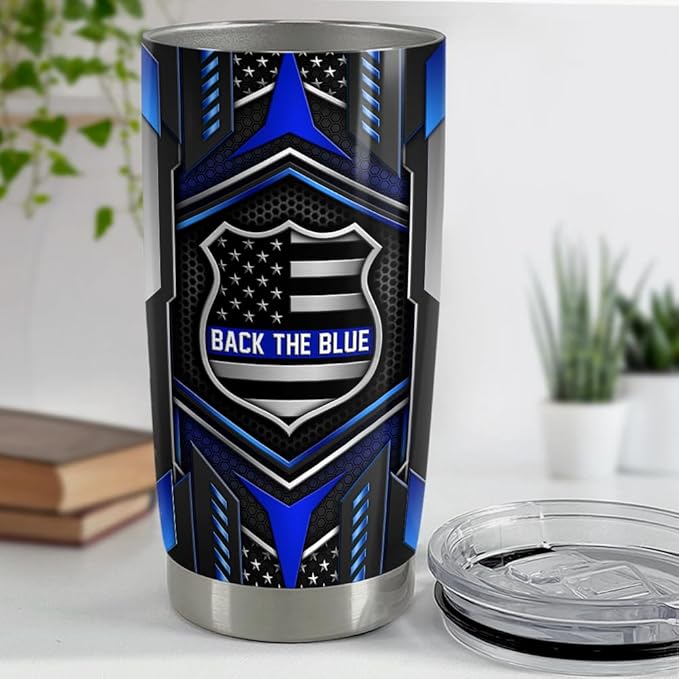SANDJEST Back The Blue Tumbler 20oz Police Gifts for Men Stainless Steel Insulated Tumblers Coffee Travel Mug Cup