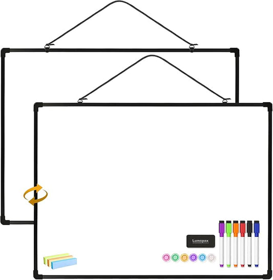 Dry Erase Board for Wall, 24" x 18" Double-Sided Hanging Magnetic Whiteboard with 6 Markers, 6 Magnets and 3 Mini Sticky Notes, Presentation Board for School, Home, Office, Black Frame