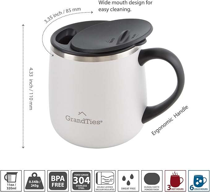 GRANDTIES 11oz Insulated Coffee Mug with Sliding Lid, Wine-Glass Shape Thermal Tumbler with Double Walled Vacuum Stainless Steel to Keeps Beverages Hot or Cold (Pearl)