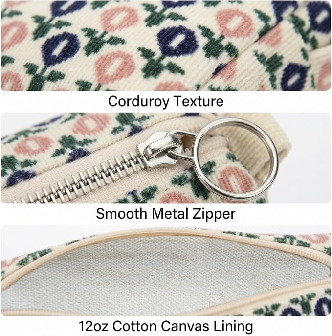Soft Corduroy Pencil Case Pen Pouch Organizer, Small Stationery Bag | Cute little blue flower pencil pouch, smooth zipper, daily cosmetics holder, compact organizer for school teen girls, women
