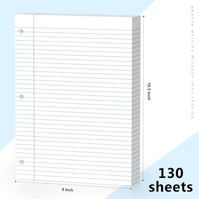 3-Pack White Loose Leaf Paper 390 Sheets Filler Paper 8 * 10.5 College Ruled 3-Hole Punched for 3-Ring Binders Notebook Lined 8" x 10.5"