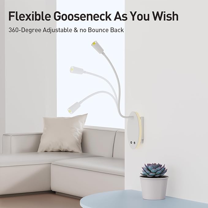 Rechargeable Wall-Mounted Reading Light for Bed - Cordless Bedside Lamp with 40H Battery, 3 Color Temperatures & Stepless Dimming, Eye-Care Night Light, USB Output, No Disturb to Partner(2pcs)