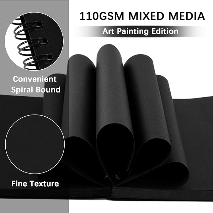 5" x 7" Premium Black Paper Mixed Media Sketchbook,Small Travel Spiral Bound Black Journal Notebook,70 Sheets 110gsm Acid-Free Drawing Paper,Art Supplies for Adults Beginners Artists.Black