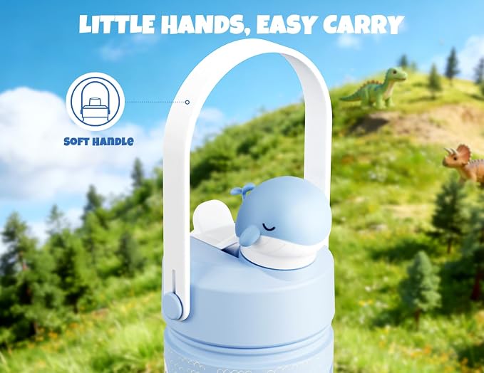 POWCAN 18 oz Kids Water Bottle for School: 2-in-1 Straw Spout Lid with Soft Animal Head, Leakproof, Backpack Friendly, Keep Cold 24H, Insulated cup for Sports, Playground, Holiday Gift (Whale Splash)