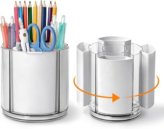 360° Rotating Pen Holder for Desk Adjustable Pencil Organizer, Gray-White | Plastic Pen Cup for Women Cute Office Supplies and Accessories Desktop Storage Box Art Caddy for School, Work, Home