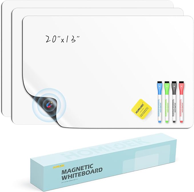 HOMiDEK Magnetic Whiteboard for Fridge, 3 Pack Small Magnetic Dry Erase Boards with 4 Markers & 1 Eraser, Reusable Blank Magnet White Board Sheets for Home, Kitchen, Office, Classroom - 13 x 20