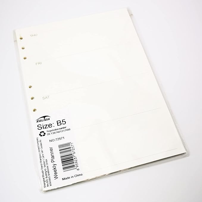 Zelten 1 Pack B5 45 Sheets/90 Pages Weekly Planner Loose Leaf Punched Paper Refills Paper for 9 Hole Binder Personal Organizer Diary Notebook Refillable Planner