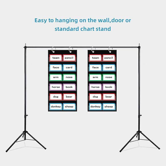 ANCOMEDO 10”W x 25”H Classroom Words Pocket Chart with 6 Clear Pockets, Black Standard Pocket Chart for Classroom and Home for Sentence Strips, Reusable Words Hanging Pocket Chart (Black)